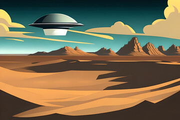 Fototapeta na wymiar An image of a desert landscape with a UFO or extraterrestrial theme