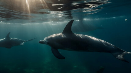 Obraz premium Dolphin underwater with some sun in the golden hour of Iceland AI