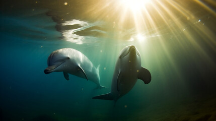 Dolphin underwater with some sun in the golden hour of Iceland AI