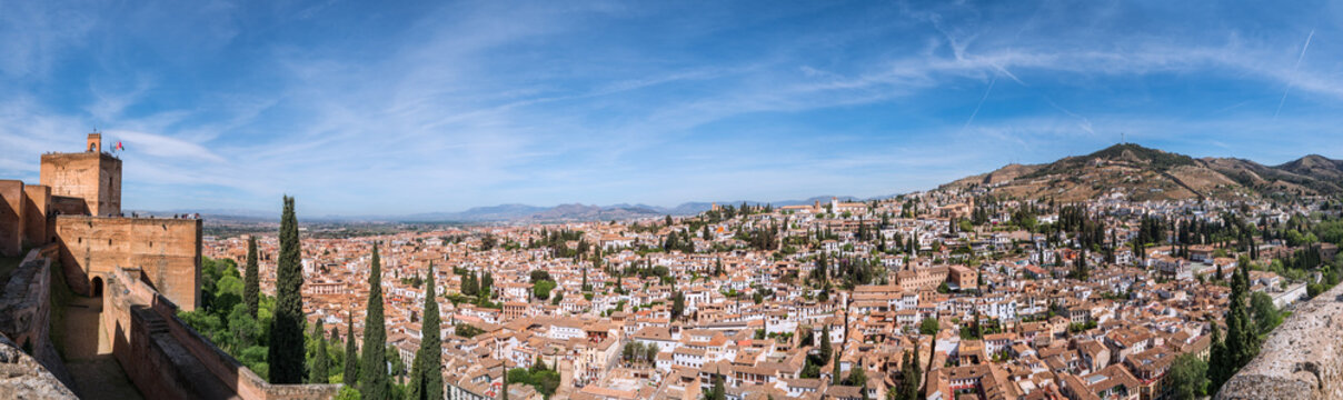 Albacin old town roofs background top view from the Generalife gardens, Alhambra castle, Andalusia, Spain. Wide angle panoramic high-resolution photo.