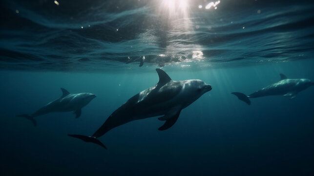 Dolphin underwater with some sun in the golden hour of Iceland AI