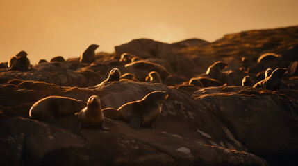 Seals sitting overwater in the golden hour of Iceland AI