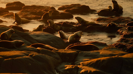 Seals sitting overwater in the golden hour of Iceland AI