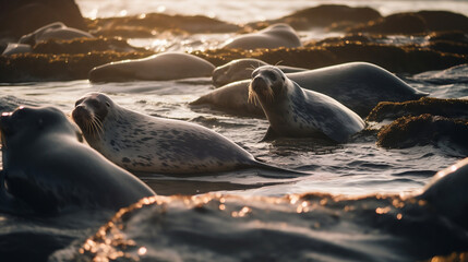Seals sitting overwater in the golden hour of Iceland AI