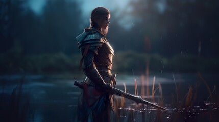 Fototapeta Fantasy fighter with blade by the pond (ai generate) obraz