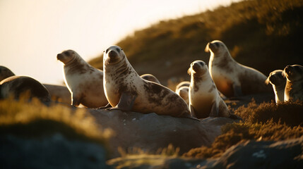 Seals sitting overwater in the golden hour of Iceland AI