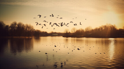 M&uuml;nster Aasee in der golden hour mit V&ouml;geln AI