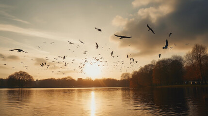 M&uuml;nster Aasee in der golden hour mit V&ouml;geln AI