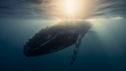 Whale under the sea with some sun on Iceland AI