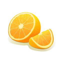 A set of oranges. A ripe half of an orange and a slice of orange on a white isolated background. Fruits, vitamins, minerals. Proper nutrition and diet. Citrus fruits. Label. Vector illustration.