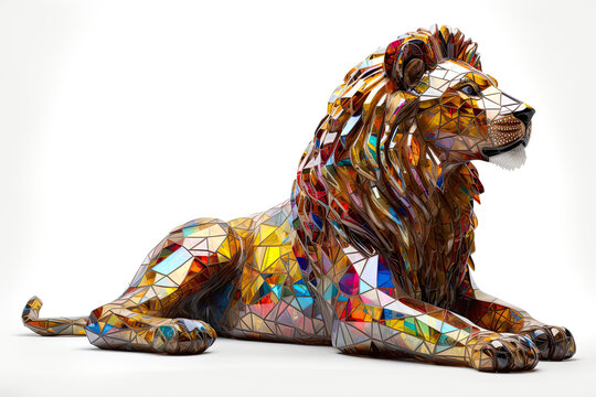 3D model of lion made of stained glass in majestic pose, looking at me, product photo with white background