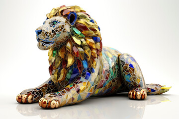 3D model of lion made of stained glass in majestic pose, looking at me, product photo with white background - obrazy, fototapety, plakaty