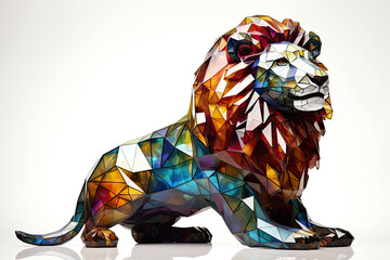 3D model of lion made of stained glass in majestic pose, looking at me, product photo with white background