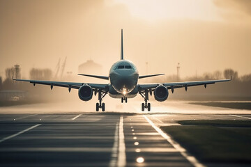 Fototapeta na wymiar Airplane on the runway in the fog at sunrise. Travel concept Generative ai