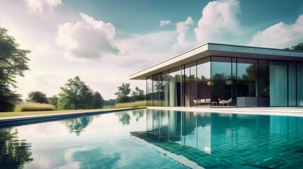 Fototapeta na wymiar Modern house architecture with glass walls and swimming pool. Generative AI