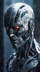 Robot portrait in the rain. Generative AI