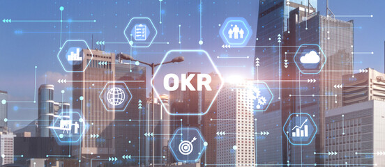 OKR Objective key result business technology finance concept on city background
