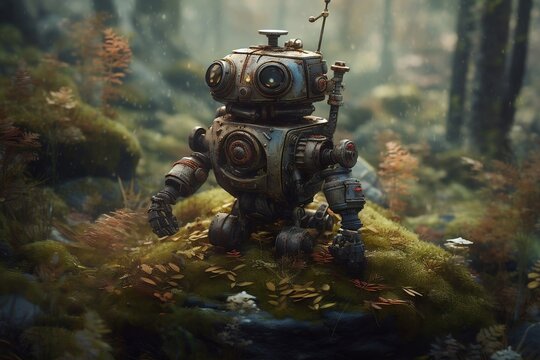 a robot is standing in the middle of the forest. playful cypherpunk character meticulous photorealistic design. generative AI