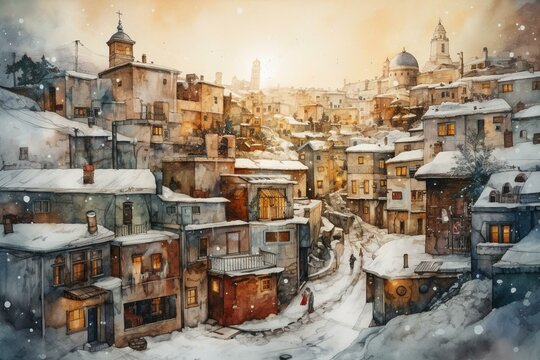Watercolor painting of a Merry Christmas greeting in Bethlehem. Generative AI