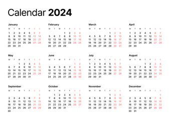Annual calendar template for 2024 year. Week Starts on Monday. Business calendar in a minimalist style for 2024 year.