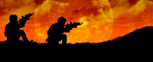 Fototapeta premium soldier illustration on dusk background in war