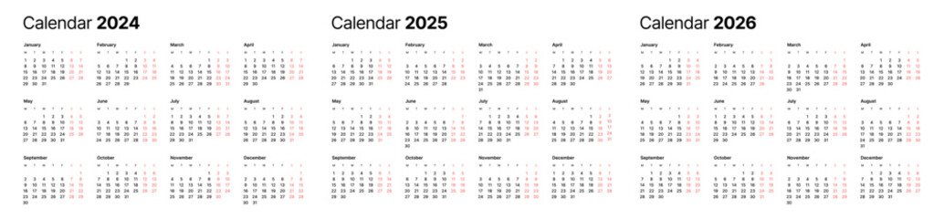 Annual calendar template for 2024, 2025, 2026 years. Week Starts on Monday. Business calendar in a minimalist style.