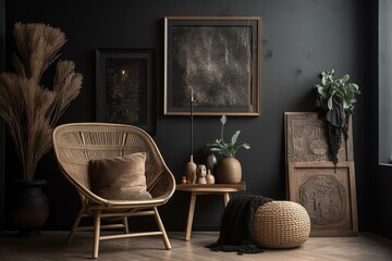 Living room interior design with black stool, sculpture, ladder, rattan armchair, and personal accessories. Dark stucco wall and mock up poster frame. Home decor. Generative AI