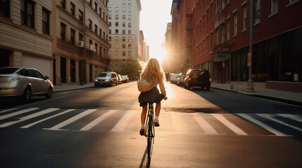 Woman on her bike in the city of New York in the golden hour AI
