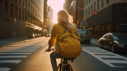 Woman on her bike in the city of New York in the golden hour AI