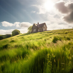 Fototapeta na wymiar peaceful house situated on a hillside surrounded by hills and grass on a partly cloudy day