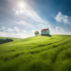 Obraz na płótnie Canvas peaceful house situated on a hillside surrounded by hills and grass on a partly cloudy day