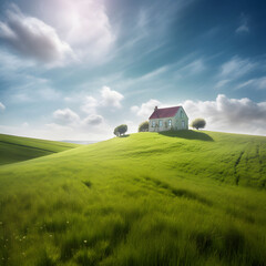 peaceful house situated on a hillside surrounded by hills and grass on a partly cloudy day