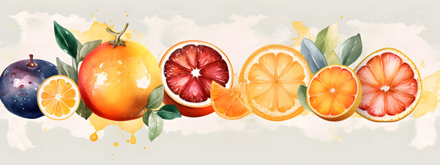 Citruses and fruits collection wide long banner