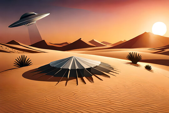 An image of a desert landscape with a UFO or extraterrestrial theme