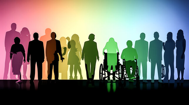 The silhouettes of an inclusive business group were portrayed in a rainbow image. - generative ai
