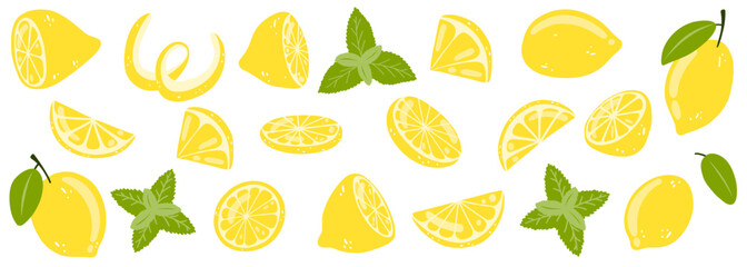 Set of hand drawn whole, half, sliced lemon. vector illustration of fresh tasty citrus fruits and mint for icon, logo, web design, packaging, card, print