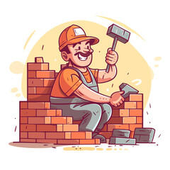 Cartoon figure of a mason who is repairing the wall of a house. Building work, construction and maintenance work. Vector illustration. label, sticker, t-shirt printing