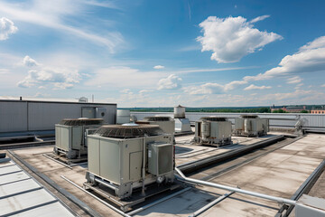 Air conditioning (HVAC) on the roof of an industrial building - obrazy, fototapety, plakaty