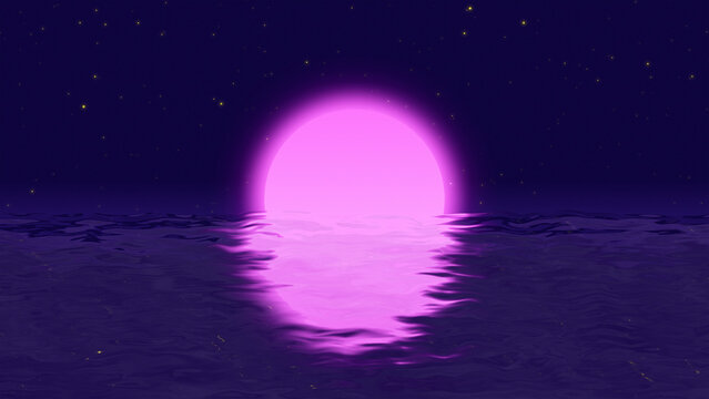 Image of a pink sunset on sea beach cartoon style 90s retro background. Vintage 8K illustration of purple neon moon and stars over water reflects on ocean waves surface