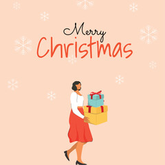 Merry Christmas And Woman Holding Christmas Gift Icon Vector Design.