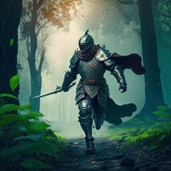 Fototapeta premium Armored knight wandering in the woods｜Generative AI
