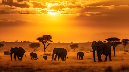 Fototapeta na wymiar A family of elephants strolling through the vast plains
