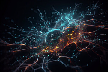 Artificial Intelligence concept - 3d rendered image. Dark background. Glowing abstract digital neuron connections. Hologram human brain view. Innovative process technology. Plexus line