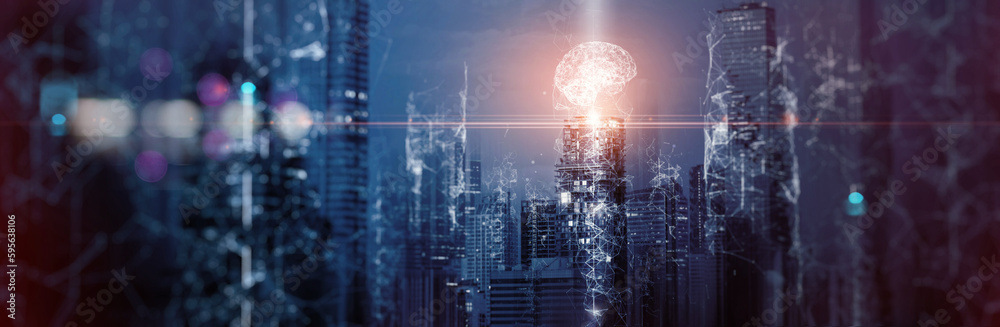Poster Artificial intelligence communication networking learning machine improving development future AI machine and technology, digital human brain smart city.