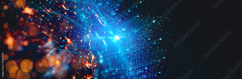 Aufkleber Communication technology for internet business. Global world network and telecommunication on earth cryptocurrency and blockchain and IoT. Elements of this image furnished by NASA