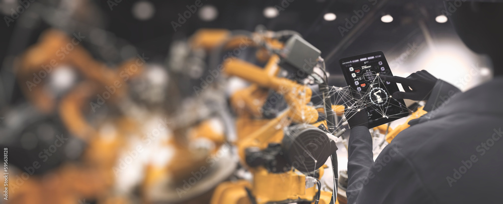 Poster Factory Female Industrial Engineer working with automation robot arms machine in intelligent factory industrial on real time monitoring system software.Digital future manufacture.