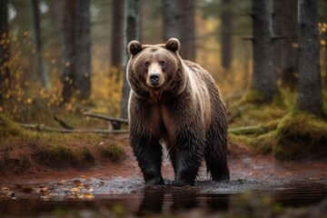 Naklejka na ściany i meble The bear stands in a gloomy forest. Generative AI