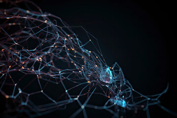 Naklejka na ściany i meble Artificial Intelligence concept - 3d rendered image. Dark background. Glowing abstract digital neuron connections. Hologram human brain view. Innovative process technology. Plexus line