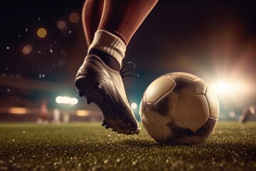 Extreme close up of pro soccer player about to hit football ball on stadium with bright stadium lights. Generative AI