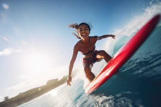 Young female african american surfer smiling while surfing blue waves on red surfboard on sunny summer day with copy space. Generative AI